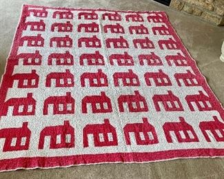 Vintage Primitive School House Quilt. Hand Quilted, Binding been replaced, a few small patches on back, some shredding.  Measures: 86” x 72” (004)