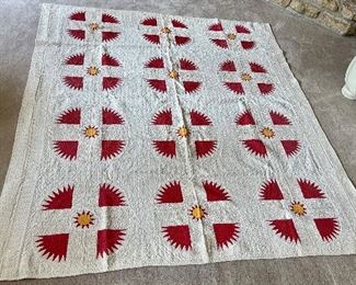 …..Antique Hand Pieced Topper that has been machine quilted.  Some shredding.  Measures: 77 1/2” x 66” (008)