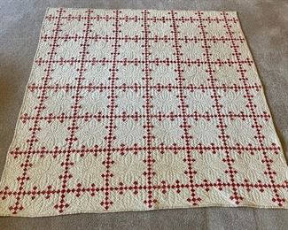 ……Incredible Antique Double Nine Patch Quilt.  Hand Quilted and Hand Pieced. Incredible intricate quilting.  Binding has been replaced, some slight splitting.   Measures: 54” x 52 1/2” (020) 
