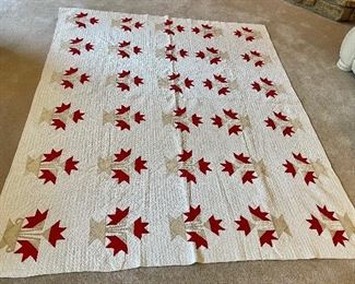 …19th Century Red and Green Carolina Lily Quilt.  Hand Quilted and Hand Pieced, binding good, slight wear.  Measures: 82 1/2” x 64” (022)