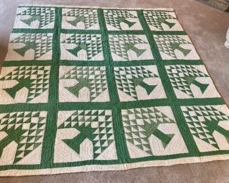 …..Hand Quilted & Hand Pieced Antique Green Tree of Life Quilt.  Measures: 81” x 74” (024)