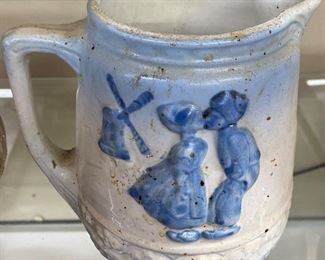 Blue and Grey Dutch Boy and Girl Pottery Pitcher