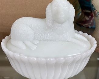 Milk Glass Dog on Nest