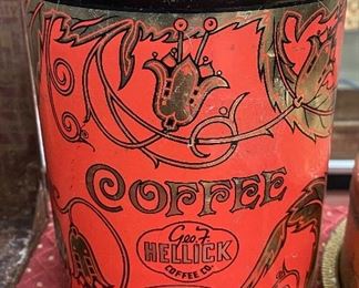 Tin Lithograph George Hellick Coffee Can with Lid