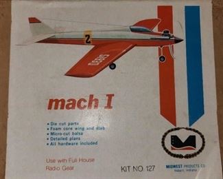vintage Mach I airplane model, appears to be intact, by Midwest Products, for remote control flying