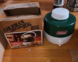 vintage Coleman camping, appear unused, in original boxes. CampStove 5400, lantern 5114, snow-lite green jug 1 gallon 5501