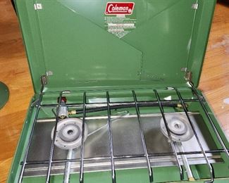 never used, vintage Coleman camping, appear unused, in original boxes. CampStove 5400, lantern 5114, snow-lite green jug 1 gallon 5501