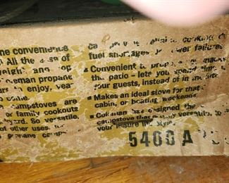 vintage Coleman camping, appear unused, in original boxes. CampStove 5400, lantern 5114, snow-lite green jug 1 gallon 5501