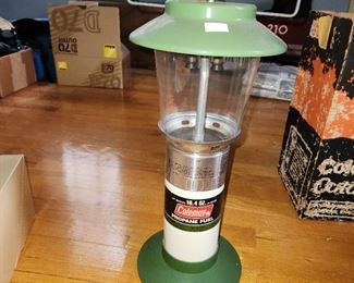 vintage Coleman camping, appear unused, in original boxes. CampStove 5400, lantern 5114, snow-lite green jug 1 gallon 5501