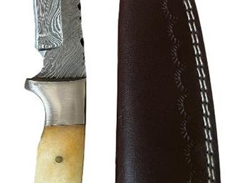 Damascus Custom Knife w Embossed Leather Sheath