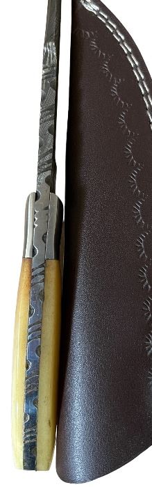 Damascus Custom Knife w Embossed Leather Sheath