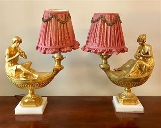 Pair Aladdin style lamps 
dore bronze with marble bases
custom shades
19th/20th c
16”h

$1800