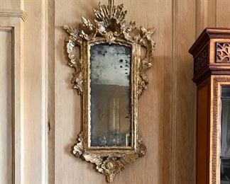 Pair 18th c Italian carved & giltwood  framed mirrors, original mirrors, minor gilt loss
30” x 14.75”
$3500

