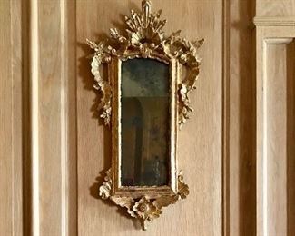 Pair 18th c Italian carved & giltwood  framed mirrors, original mirrors, minor gilt loss
30” x 14.75”
$3500
