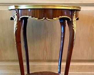 Louis XV style side table
marble top ormolu mounts & round shelf, late 19th c, France, as is (marble restored)                                                      

18.5” x 20” x 28.75” h
$800
