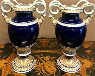 Pair Meissen, porcelain Serpent, Schlangenvasen vases/urns, cobalt, ivory & gilt, mid-19th c
each 8”d x 12.5”w  x 19”h 
(1 handle professionally repaired) 
$2600
