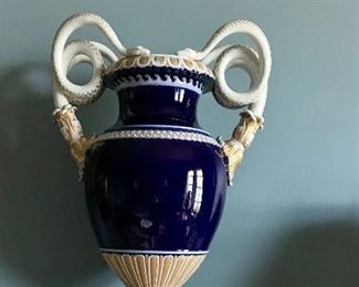 1 of Pair Meissen, porcelain Serpent, Schlangenvasen vases/urns, cobalt, ivory & gilt, mid-19th c
each 8”d x 12.5”w  x 19”h 
(1 handle professionally repaired) 
$2600

