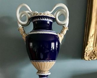 1 of Pair Meissen, porcelain Serpent, Schlangenvasen vases/urns, cobalt, ivory & gilt, mid-19th c
each 8”d x 12.5”w  x 19”h 
(1 handle professionally repaired) 
$2600

