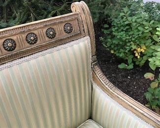 Detail
Jansen
Louis XVI style bergere
seafoam & gold striped silk & gingham back w/ down filled cushion mid 20th c
stamped 
25.5”d x 24”w x 34”h  seat 18”h 
$2000