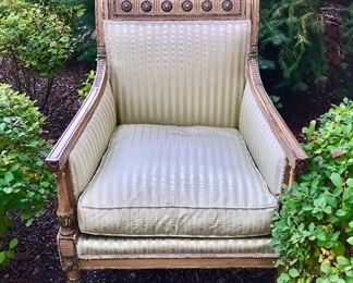 Jansen
Louis XVI style bergere
seafoam & gold striped silk & gingham back w/ down filled cushion mid 20th c
stamped 
25.5”d x 24”w x 34”h  seat 18”h 
$2000
