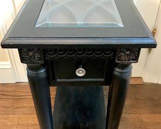 Walter E Smithe 
carved side table with shelf & drawer as is, small loss to finish                                     14” x 22” x 25.5” h

$250