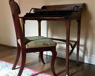 Victorian mahogany side chair needlepoint seat
19th c           
17” x 18” x 33.5” h
$175
Theodore Alexander “Campagne” flip-top leather top writing desk                    28” x 17”/27” x 31.25”/35.25”
SOLD
