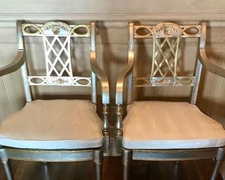 Maitland Smith, 
pair Regency style chairs
Silver and gold finish with cane seats cream moiré cushions.                             21” x 24.5” x 35.5” h seat 19.5” h

$1800