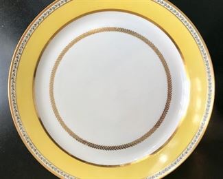 Sevres porcelain platter
ivory/yellow ground
hand painted/gilt laurel leaf & ivy border, blue double L stamp for 1824, gilder mark & incised designer marks, 13.75“ diam

$1000