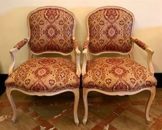 Pair Louis XV style fauteuils 
tapestry medallion upholstery
white-washed finish, 20th c.                26” x 25” x 40.25” h seat 20” h 

$800