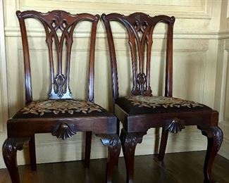 Pair Philadelphia Chippendale style chairs with needlepoint seats
ball & claw & shell motif, as is                       (seats need re-stuffing)                           20” x 20” x 39.5” h
$600
PENDING