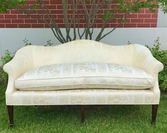 Hepplewhite style camelback sofa
down filled damask
60” x 32” x 32”
$900
