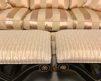 Detail
Beacon Hill 
3-cushion rolled arm sofa
down, feather &  foam filled
35” x 91” c 32” h 18” h seat
SOLD
Century Furniture 
pair Regency style X benches
ebony & gilt with paw feet 
textured beige upholstery
20th/21st c 
17”d x 25”w x 20.5”h
SOLD
