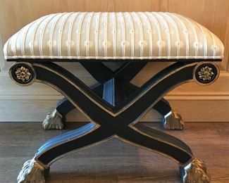 1 of Pair
Century Furniture 
pair Regency style X benches
ebony & gilt with paw feet 
textured beige upholstery
20th/21st c 
17”d x 25”w x 20.5”h
SOLD