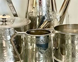 Detail
Elkington & Co Silver plate  #8023
4 piece coffee/tea service monogrammed
missing sugar lid

$500
