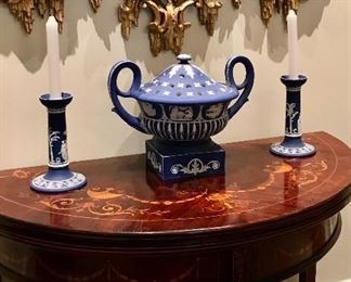 Wedgwood
Pair jasperware candlesticks
dark blue Neoclassical 
early 20th c
7” h
$250
Wedgwood
Neoclassical potpourri
dark blue jasperware 
19th c
9.25” h x 13” w x 9” d
SOLD
