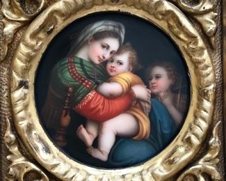 Detail
Firenze, Madonna della Seggiola, after Raphaël painting on porcelain tile, 19th c 3.75” diam in carved gilt frame 10” x 8.25”
SOLD