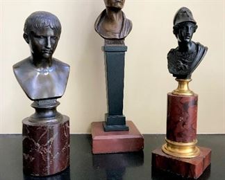 3 cabinet bronzes on marble bases, Caesar, August & Roman soldier
6.75” & 7.25 &  9” h 
SOLD