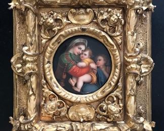 Firenze, Madonna della Seggiola, after Raphaël painting on porcelain tile, 19th c 3.75” diam in carved gilt frame 10” x 8.25”
SO LD