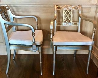 Maitland Smith, 
pair Regency style chairs
Silver and gold finish with cane seats cream moiré cushions.                             21” x 24.5” x 35.5” h seat 19.5” h

$1800