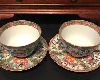 Pair early 20th c Chinese Export Rose Medallion porcelain cup & saucers 

$250