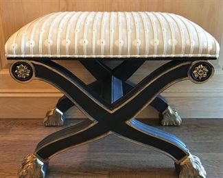 1 of pair
Century Furniture 
pair Regency style X benches
ebony & gilt with paw feet 
textured beige upholstery
20th/21st c 
17”d x 25”w x 20.5”h
SOLD