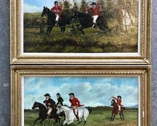 J Beelham
pair 19th c English horse  paintings
 A Good Lead at Timber 
Approaching a Brook
 oil on canvas
 each 13” x 21”  

$1800 