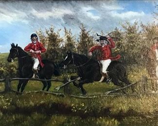 1 of pair
J Beelham
pair 19th c English horse  paintings
 A Good Lead at Timber 
Approaching a Brook
 oil on canvas
 each 13” x 21”  

$1800 