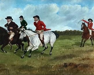 1 of pair
J Beelham
pair 19th c English horse  paintings
 A Good Lead at Timber 
Approaching a Brook
 oil on canvas
 each 13” x 21”  

$1800 