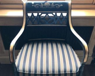 Ferguson Copeland
Regency style arm chair
ebony with gold leaf
black & gold striped upholstery 20th/21st c                      
24” x 25” x 35.5” seat 19.5” h
SOLD
