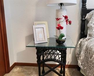 Side Table w/Glass Top - Cute Lamp and Misc Decor