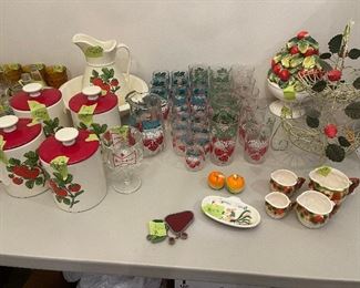 vintage strawberry canisters, pitcher, glasses, and more