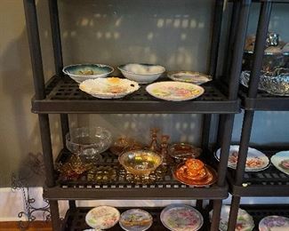 vintage hand-painted plates, carnival glass, fostoria