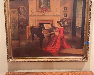 Antique Framed Print M. Ditlef Sonata Woman in red dress playing piano