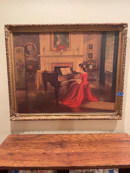 Antique Framed Print M. Ditlef Sonata Woman in red dress playing piano
